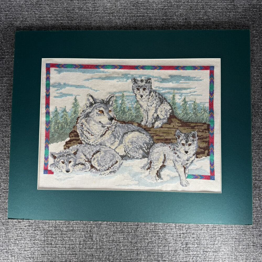 Vintage Wolf Family Completed Cross Stitch Matted Unframed 12x16 90s Cabin Decor